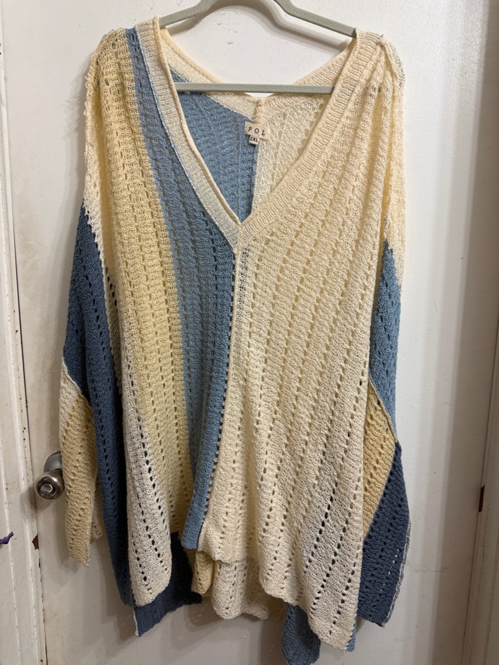 POL Cream & Light Blue Striped Open-Knit V-Neck Sweater